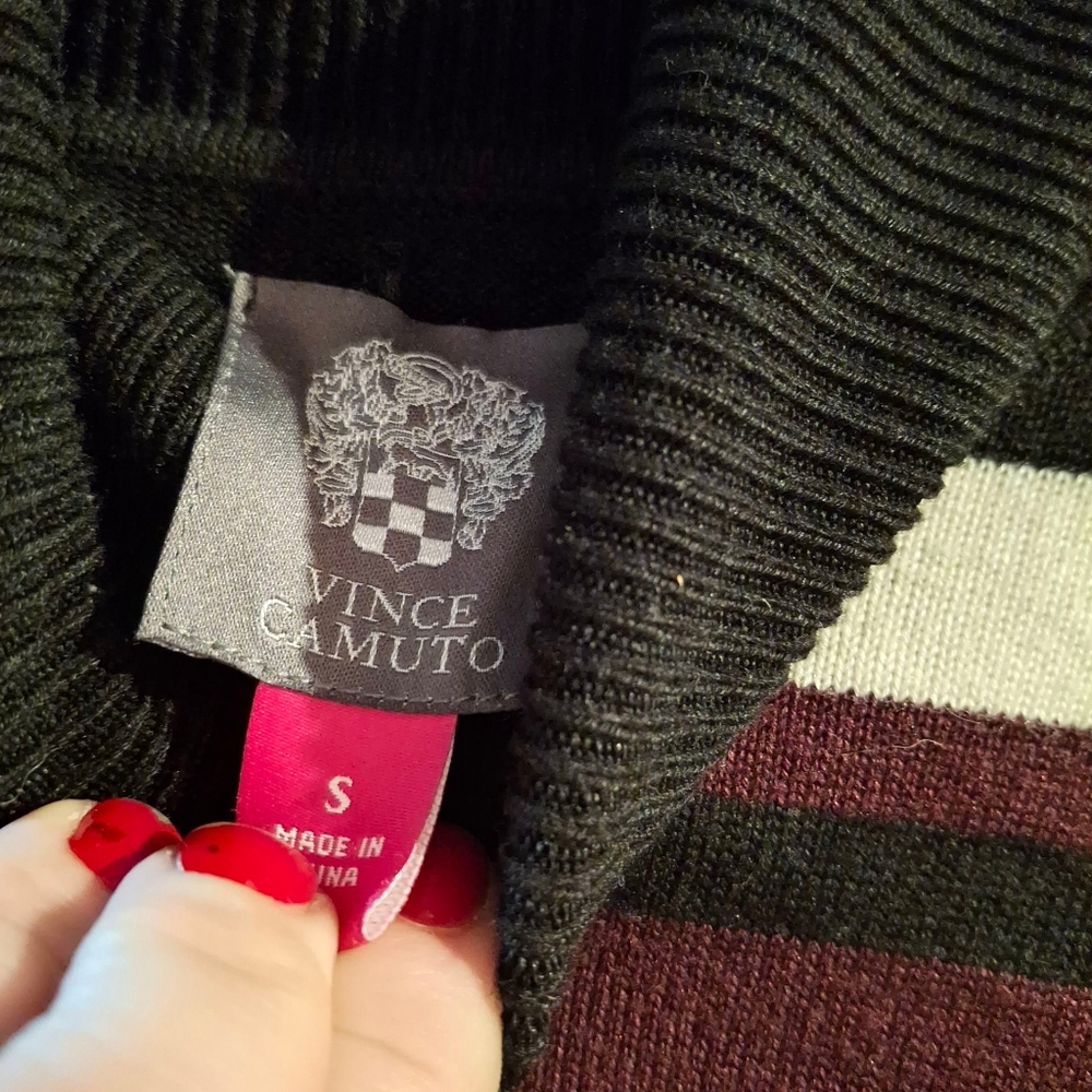 Vince Camuto Dress S Midi Black Purple Striped Burgundy Turtleneck CottonDimens - Picture 4 of 4